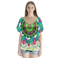 Artistic Pattern Mandala V-neck Flutter Sleeve Top