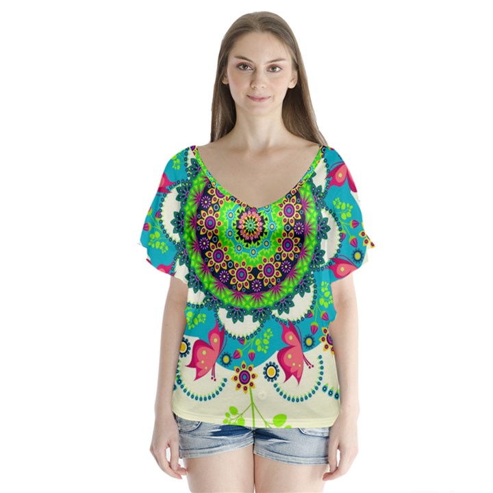 Artistic Pattern Mandala V-Neck Flutter Sleeve Top