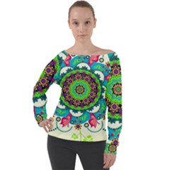 Artistic Pattern Mandala Off Shoulder Long Sleeve Velour Top