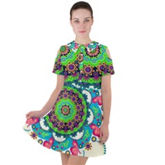 Artistic Pattern Mandala Short Sleeve Shoulder Cut Out Dress 