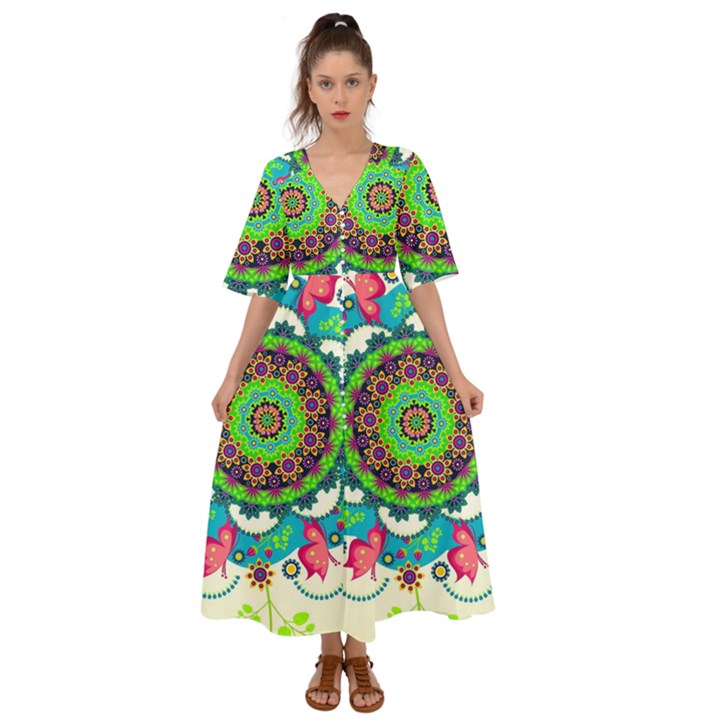 Artistic Pattern Mandala Kimono Sleeve Boho Dress