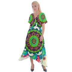 Artistic Pattern Mandala Cross Front Sharkbite Hem Maxi Dress