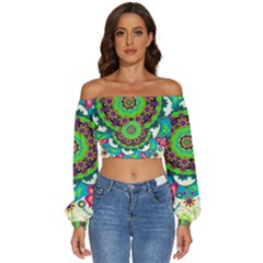 Artistic Pattern Mandala Long Sleeve Crinkled Weave Crop Top