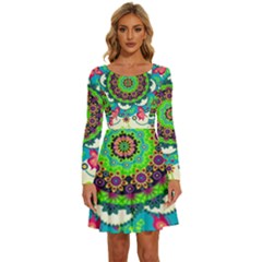 Artistic Pattern Mandala Long Sleeve Wide Neck Velvet Dress