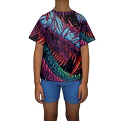 Floral Digital Art Tongue Out Kids  Short Sleeve Swimwear