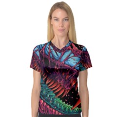 Floral Digital Art Tongue Out V-neck Sport Mesh Tee