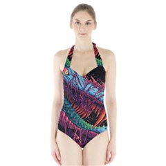 Floral Digital Art Tongue Out Halter Swimsuit