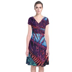 Floral Digital Art Tongue Out Short Sleeve Front Wrap Dress