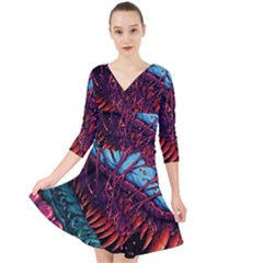 Floral Digital Art Tongue Out Quarter Sleeve Front Wrap Dress