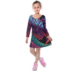 Floral Digital Art Tongue Out Kids  Long Sleeve Velvet Dress