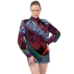 Floral Digital Art Tongue Out High Neck Long Sleeve Chiffon Top by Jancukart