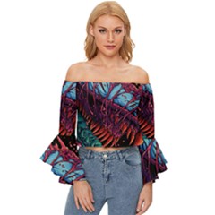 Floral Digital Art Tongue Out Off Shoulder Flutter Bell Sleeve Top