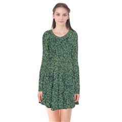 Leafy Elegance Botanical Pattern Long Sleeve V-neck Flare Dress