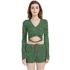 Leafy Elegance Botanical Pattern Velvet Wrap Crop Top And Shorts Set by dflcprintsclothing