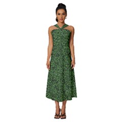 Leafy Elegance Botanical Pattern Sleeveless Cross Front Cocktail Midi Chiffon Dress by dflcprintsclothing