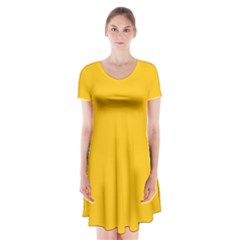 Mikado Yellow	 - 	short Sleeve V-neck Flare Dress by ColorfulDresses