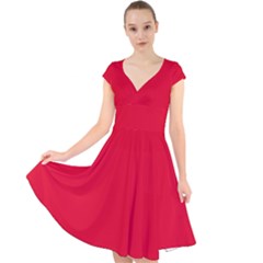 Cadmium Red	 - 	cap Sleeve Front Wrap Midi Dress by ColorfulDresses