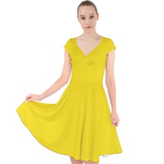 Bumblebee Yellow	 - 	cap Sleeve Front Wrap Midi Dress by ColorfulDresses