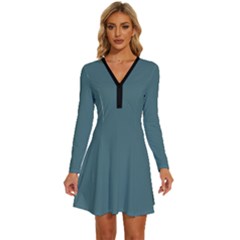 Beetle Green	 - 	long Sleeve Deep V Mini Dress