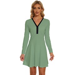 Dark Sea Green	 - 	long Sleeve Deep V Mini Dress