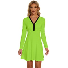 Chartreuse Green	 - 	long Sleeve Deep V Mini Dress