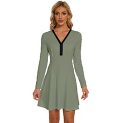 Artichoke Green	 - 	long Sleeve Deep V Mini Dress