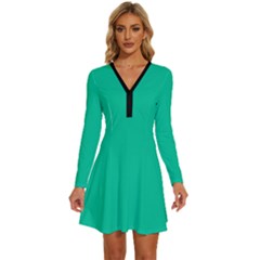 Caribbean Green	 - 	long Sleeve Deep V Mini Dress