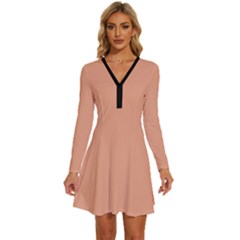 Coral Sands Orange	 - 	long Sleeve Deep V Mini Dress