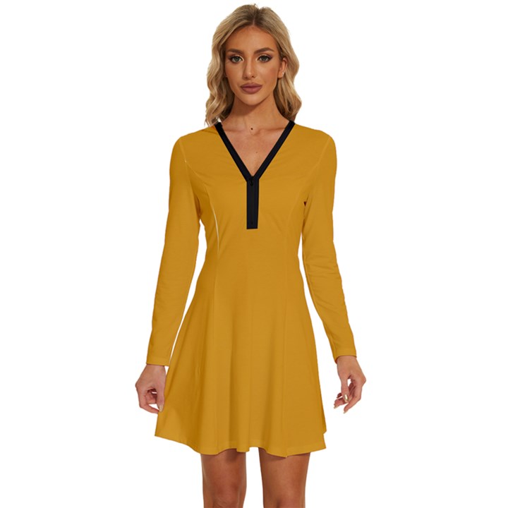 Gamboge Orange	 - 	Long Sleeve Deep V Mini Dress