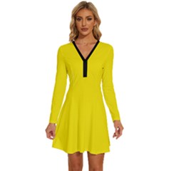 Aureolin Yellow	 - 	long Sleeve Deep V Mini Dress