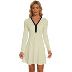 Creamy Yellow	 - 	long Sleeve Deep V Mini Dress