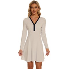 Champagne White	 - 	long Sleeve Deep V Mini Dress