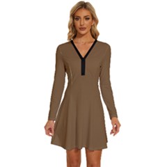 Coyote Brown	 - 	long Sleeve Deep V Mini Dress