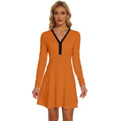 Carrot Orange	 - 	long Sleeve Deep V Mini Dress