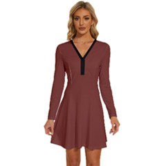 Burnt Henna Red	 - 	long Sleeve Deep V Mini Dress by ColorfulDresses