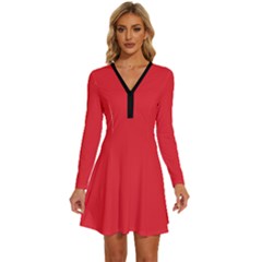 Cherry Tomato Red	 - 	long Sleeve Deep V Mini Dress