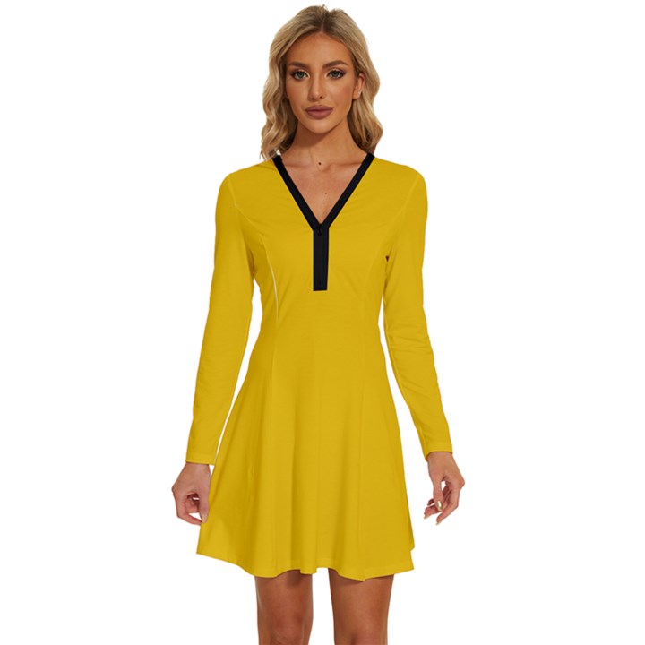 Canary Yellow	 - 	Long Sleeve Deep V Mini Dress