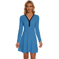 Regatta Blue	 - 	long Sleeve Deep V Mini Dress by ColorfulDresses