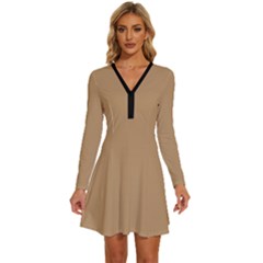 Lion Brown	 - 	long Sleeve Deep V Mini Dress