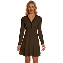 Mocha Brown	 - 	long Sleeve Deep V Mini Dress