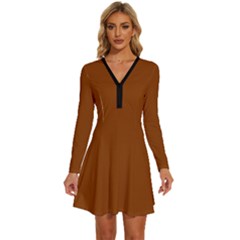 Rust Orange	 - 	long Sleeve Deep V Mini Dress