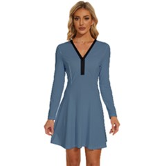 Stone Blue	 - 	long Sleeve Deep V Mini Dress