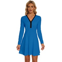 Spanish Blue	 - 	long Sleeve Deep V Mini Dress