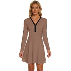 Tuscan Brown	 - 	long Sleeve Deep V Mini Dress