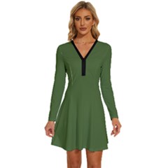 Treetop Green	 - 	long Sleeve Deep V Mini Dress