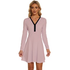 Rose Gold Pink	 - 	long Sleeve Deep V Mini Dress