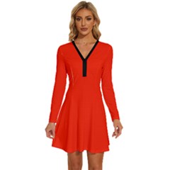 Scarlet Red	 - 	long Sleeve Deep V Mini Dress