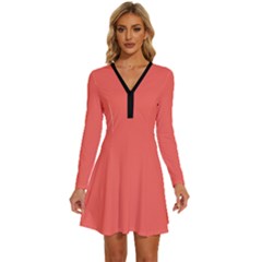 Sun Kissed Coral	 - 	long Sleeve Deep V Mini Dress