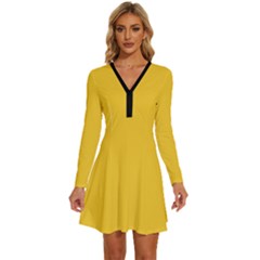 Tuscany Yellow	 - 	long Sleeve Deep V Mini Dress