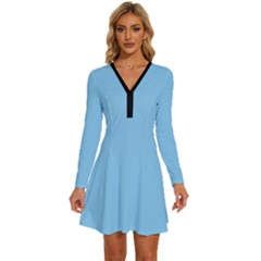 Baby Blue	 - 	Long Sleeve Deep V Mini Dress